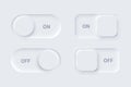 Neumorphism UI, on and off buttons set, neumorphic white 3d slider bars, unlock and lock Royalty Free Stock Photo