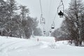 View of cable car surrounded by snowy forest of dry trees on top of Cerro Bayo in Villa La Angostura