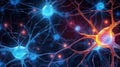 Neural activity in the brain. Detailed representation of glowing brain neurons. Neural network, brain function, learning and