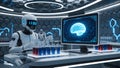 Neural AI Lab: Robot Scientists Analyzing Brain Data in Futuristic Setting Royalty Free Stock Photo
