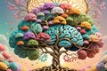 Neural Blossoms: Surreal Illustration of a Human Brain in the Form of a Flourishing Tree with Vibrant Blooms, Symbolizing Growth