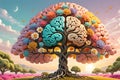 Neural Blossoms: Surreal Illustration of a Human Brain in the Form of a Flourishing Tree with Vibrant Blooms, Symbolizing Growth