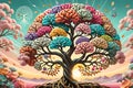 Neural Blossoms: Surreal Illustration of a Human Brain in the Form of a Flourishing Tree with Vibrant Blooms, Symbolizing Growth