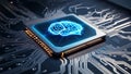 a computer circuit board with a glowing brain image on a processor.