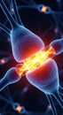 Neural connection synapse transmits electrical signal, nerve impulse flowing between neurons, brain pathway, microscopic Royalty Free Stock Photo