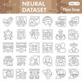 Neural dataset symbols collection or sketches, deep learning theme bar in thin line style signs for web and app. Vector