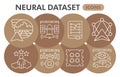 Neural dataset symbols collection or sketches, deep learning theme bubbles in thin line style signs for web and app