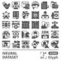 Neural dataset symbols collection or sketches, deep learning theme in glyph style signs for web and app. Vector graphics
