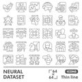 Neural dataset symbols collection or sketches, deep learning theme in thin line style signs for web and app. Vector