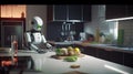 Neural depiction of human-like robot performing culinary tasks within household kitchen, showcasing future domestic life