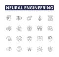 Neural engineering line vector icons and signs. Neuroscience, Neural Network, Machine Learning, Neural Interface