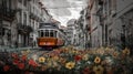 Neural illustration of iconic Lisbon tram journeying through flowerpocalypse, surrounded by vivid blossoms and historic