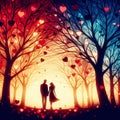 Silhouette Couple Amid Heart-Leafed Trees Background. Generative ai for illustrations