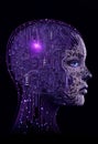 Neural network of big data and artificial intelligence circuit board in the head and face of a woman outlining concepts of a