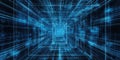 Neural Network in Blue: Abstract Lines and Nodes Interconnect in a Dark, Luminous Space, Suggesting Complex Connections
