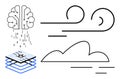 Neural Network Brain, Cloud Computing Layers, and Abstract Wind Lines in Minimalist Style Royalty Free Stock Photo