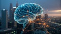 Neural Network Cityscape Illuminated Brain Composition