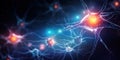 Neural network close-up, microscope view of nerve cells with dendrites and electrical energy. Concept of neuron, macro, nervous