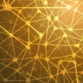 Neural network concept background template. Molecular yellow golden wireframe. Plexus structure abstract digital layout
