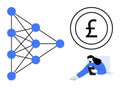 Neural network concept with connected nodes, currency symbol, and a woman analyzing data on a tablet Royalty Free Stock Photo