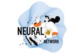 Neural network concept with people scene in flat line design for web. Vector illustration