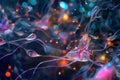 Neural network connection with a cosmic, sparkling visual representation in vibrant colors
