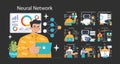 Neural Network dark or night mode set. Machine learning key concepts.