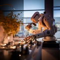 Neural-network-driven robot studying plant at botany laboratory. Generative AI