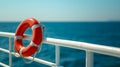 lifebuoy attached to a ship's white railing, with the clear blue sea in the background