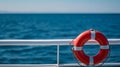 lifebuoy attached to a ship's white railing, with the clear blue sea in the background