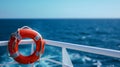 lifebuoy attached to a ship's white railing, with the clear blue sea in the background