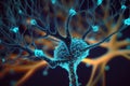 Neural network with glowing bioluminescence. The image represents the futuristic idea of a direct neural interface between the