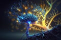 Neural network with glowing bioluminescence. The image represents the futuristic idea of a direct neural interface between the