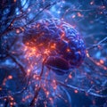 Neural network: glowing digital brain surrounded by electrifying connections