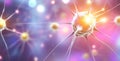 The neural network of the human brain, featuring active neuron cells, knots, axons, and synapses, is depicted against a