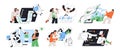 Neural networks abilities concept set. People create art, music, programming with artificial intelligence assistant. AI Royalty Free Stock Photo