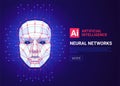 Neural networks and artificial intelligence concept. Human face consisting of polygons, points, lines and binary data