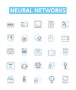Neural networks vector line icons set. Neurons, Networks, Learning, AI, Weights, Synapses, Deep illustration outline