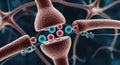 Neural synapse connection releasing neurotransmitters between brain cells, microscopic view of nerve impulse Royalty Free Stock Photo