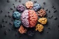 Neurodiversity. multi-colored brain surrounded by brains on a dark background.