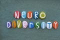 Neurodiversity word composed with multi colored stone letters over green sand Royalty Free Stock Photo