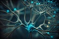Neurological brain stem cells, firing neurons on blue background, nervous system illustration.