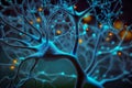 Neurological brain stem cells, firing neurons on blue background, nervous system illustration.