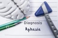 Neurological diagnosis of Aphasia. Neurological reflex hammer, shape of the brain, pen and pencil the lying on a medical report, l