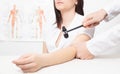 A neurologist doctor checks the biceps reflex in a girl patient with a neurological hammer, areflexia