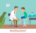 Neurologist examining boy for diagnosis in hospital room. Doctor doing a physical examination Royalty Free Stock Photo