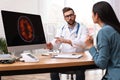 Neurologist showing brain scan to young woman in clinic Royalty Free Stock Photo