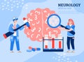 Neurology medical care banner with doctors examining brain vector illustration.