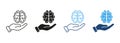 Neurology, Psychology Line and Silhouette Color Icon Set. Human Brain with Hands Pictogram. Education, Logic Analysis