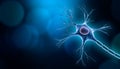Neuron cell body with nucleus design, 3D rendering illustration with copy space and blue background. Neuroscience, neurology,